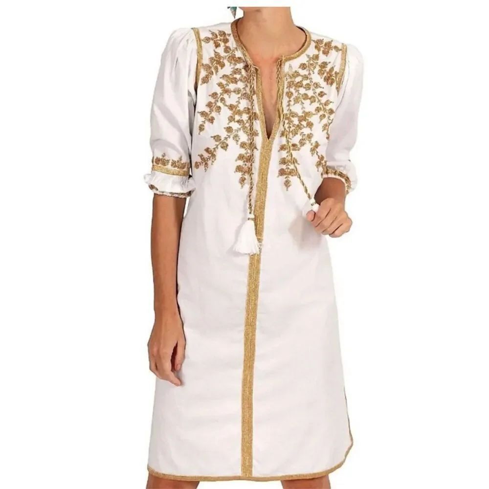 Gretchen Scott Cleapatra hand Embroidered gold sequin cotton dress side slits XS